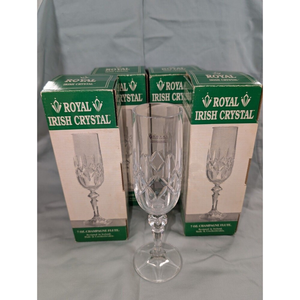 Royal Irish Cross Cut Crystal Champagne Flute Glass Vintage 8 1/2". Lot Of 5 - Picture 2 of 4